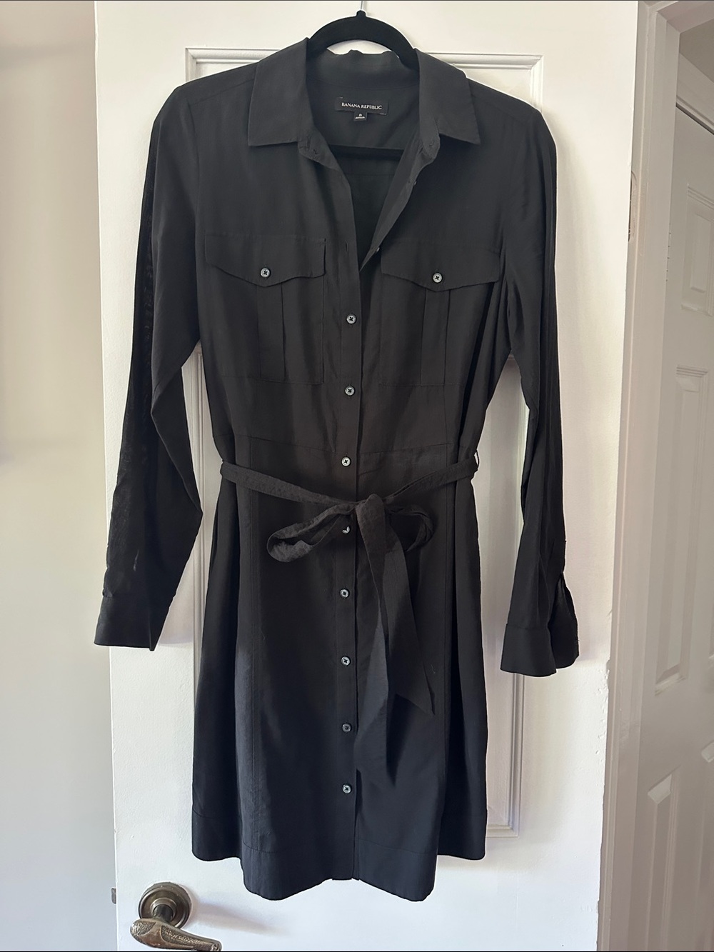 Banana Republic Black Long-Sleeve Shirt Dress with Waist Tie
